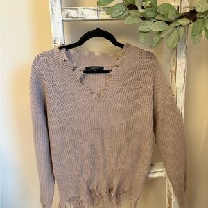 LEA+N Distressed V-Neck Sweater in Dusty Rose